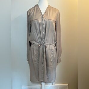 BCBGMAXAZRIA Satin Shirt Dress Taupe Chic Tie Waist Size S